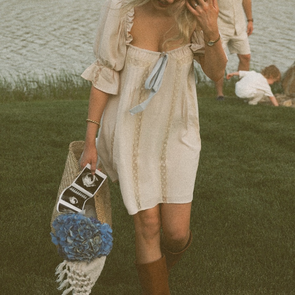 Worth Collective/Rumored Cream Cottagecore Babydoll Dress with Blue Ribbon